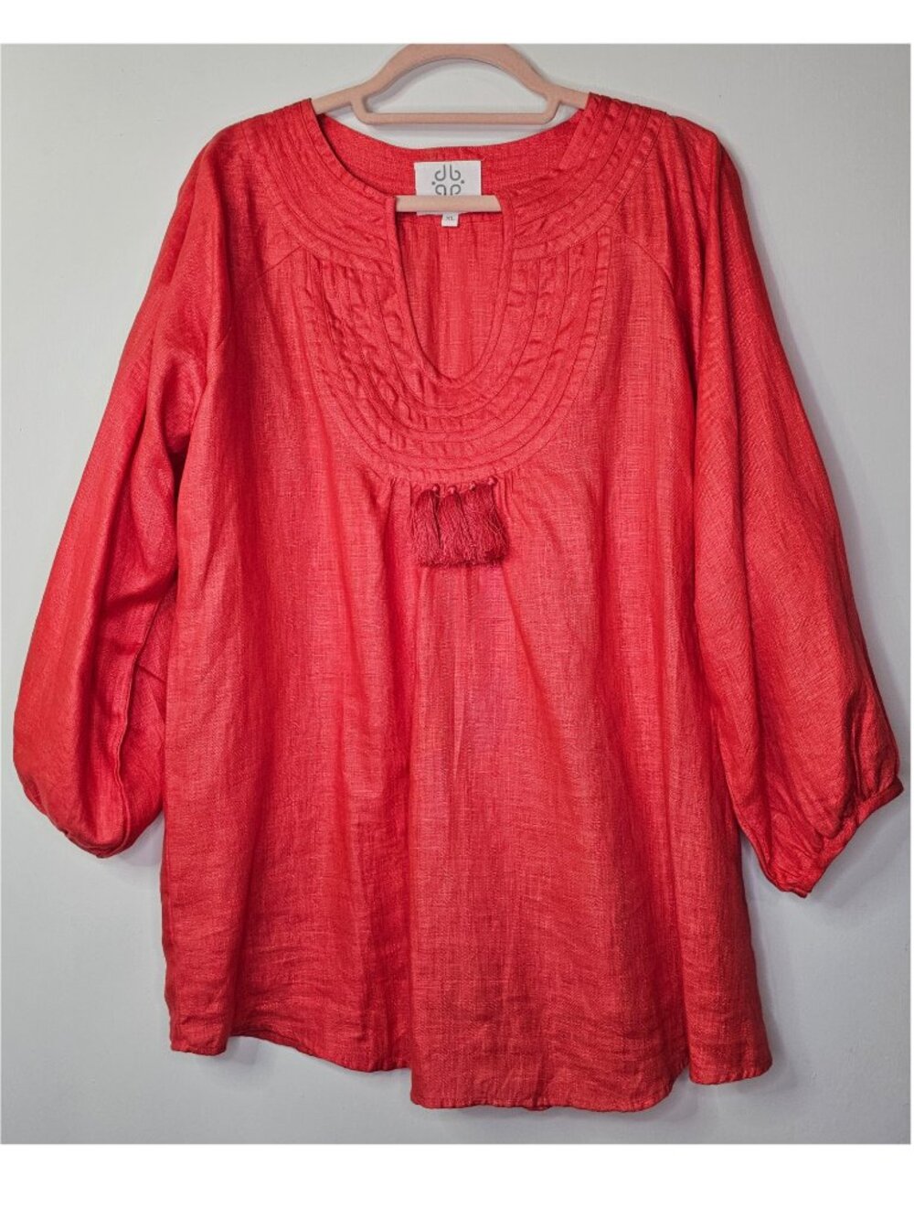 NWOT Pomegranate 100% Linen Split V-Neck Tassels Puffed Sleeve Coral Blouse Top